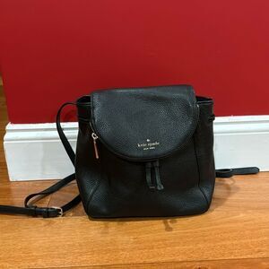 Kate Spade Leila Medium Black Pebbled Leather Backpack Drawstring Flap Closure